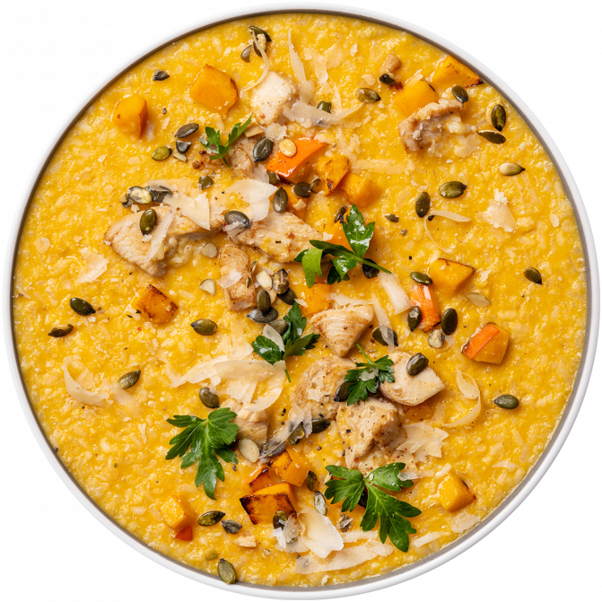Dýňové risotto s kuřecím masem, pečenou dýní, dýňovými semínky a parmazánem